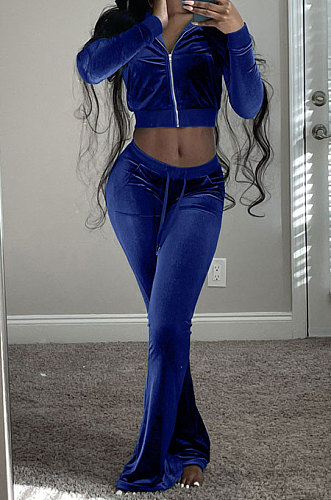Drak Blue Wholesale New Korea Velvet Long Sleeve Zipper Front Coat Flare Pants Casual Sets FH171-9