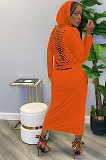 Orange Women Solid Color Casual Long Hollow Out Long Sleeve Long Dress FFE172-2