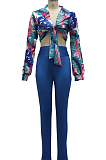 Blue Wholesal New Digital Print Long Sleeve Bandage Crop Top Bodycon Pants Two-Piece SMR10283-3