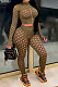 Army Green Fashion Hollow Out Long Sleeve Stand Neck Zipper Top Bodycon Pants Two-Piece HY5240-3