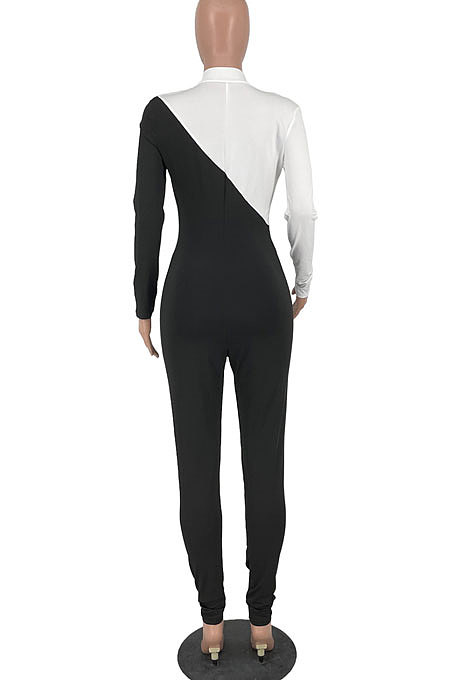 Gray Modest Color Matching Long Sleeve Stand Neck Zipper Bodycon Jumpsuits HY5241-1