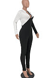 White Modest Color Matching Long Sleeve Stand Neck Zipper Bodycon Jumpsuits HY5241-3