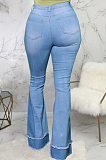 Blue Personality Spliced Hole Elasticty High Waist Slim Fitting Jean Flare Pants SMR2585-1