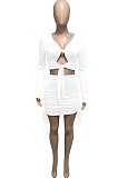 Black Euramerican Women Autumn Long Sleeve Shirred Detail Tied Hip Sexy Pure Color Skirts Sets Q938-3