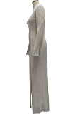 White Sexy Mesh See-Through Long Sleeve O Neck Collcet Waist Elastic Split Long Dress SMR10482-1