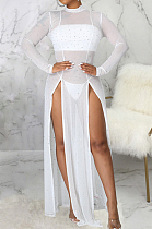 White Sexy Mesh See-Through Long Sleeve O Neck Collcet Waist Elastic Split Long Dress SMR10482-1