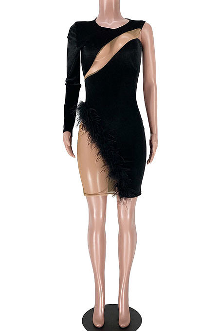 Wine Red Women Club Suit Sexy Fur Mesh Spaghetti Spliced Irregular Mini Dress GL6317-1