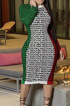 Wholesal Ribber Colorful Print Long Sleeve Round Collar Slim Fitting Midi Dress QC8048 