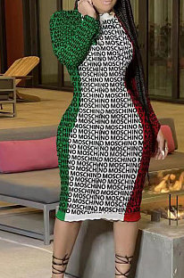 Wholesal Ribber Colorful Print Long Sleeve Round Collar Slim Fitting Midi Dress QC8048 