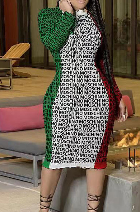 Wholesal Ribber Colorful Print Long Sleeve Round Collar Slim Fitting Midi Dress QC8048 