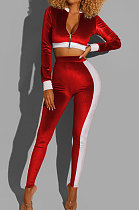 Red Casual Pleuche Long Sleeve Zipper Tops Pencil Pants Sport Sets BS1284-2