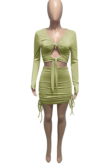 Blue Euramerican Women Autumn Long Sleeve Shirred Detail Tied Hip Sexy Pure Color Skirts Sets Q938-5