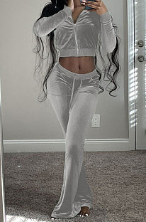Gray Wholesale New Korea Velvet Long Sleeve Zipper Front Coat Flare Pants Casual Sets FH171-5