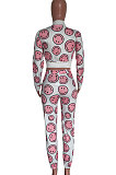 White Women Smiling Face Printing Fashion Zipper Long Sleeve Casual Pants Sets HM5502