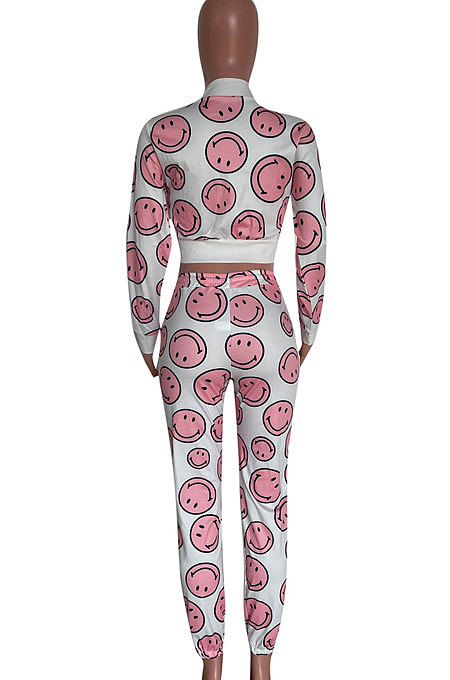 White Women Smiling Face Printing Fashion Zipper Long Sleeve Casual Pants Sets HM5502