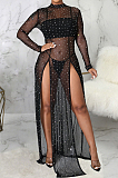White Sexy Mesh See-Through Long Sleeve O Neck Collcet Waist Elastic Split Long Dress SMR10482-1