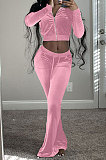 Pink Wholesale New Korea Velvet Long Sleeve Zipper Front Coat Flare Pants Casual Sets FH171-1