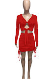 Light Green Euramerican Women Autumn Long Sleeve Shirred Detail Tied Hip Sexy Pure Color Skirts Sets Q938-4