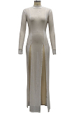 Black Sexy Mesh See-Through Long Sleeve O Neck Collcet Waist Elastic Split Long Dress SMR10482-2