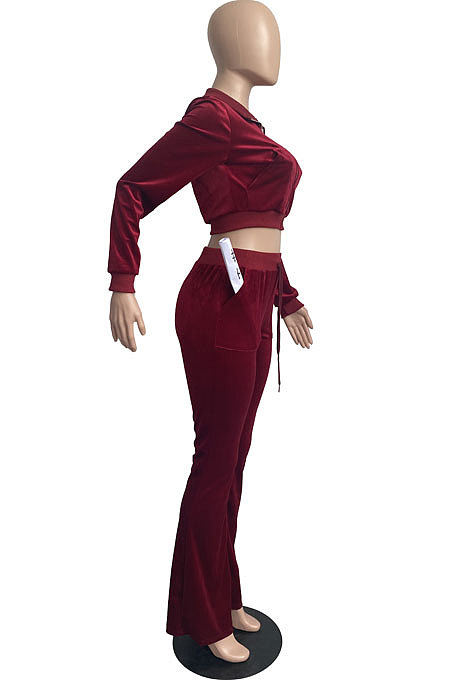 Yellow Wholesale New Korea Velvet Long Sleeve Zipper Front Coat Flare Pants Casual Sets FH171-11