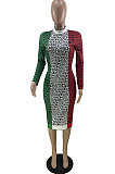 Wholesal Ribber Colorful Print Long Sleeve Round Collar Slim Fitting Midi Dress QC8048 