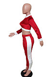 Red Casual Pleuche Long Sleeve Zipper Tops Pencil Pants Sport Sets BS1284-2