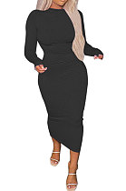 Black Euramerican Women Pure Color Long Sleeve Sexy Midi Dress ANK06028-2