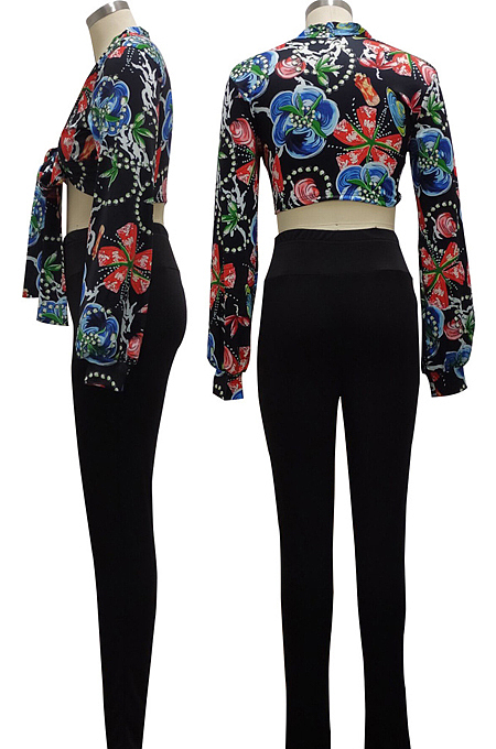Black Wholesal New Digital Print Long Sleeve Bandage Crop Top Bodycon Pants Two-Piece SMR10283-1