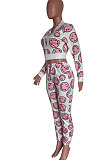 White Women Smiling Face Printing Fashion Zipper Long Sleeve Casual Pants Sets HM5502