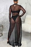 White Sexy Mesh See-Through Long Sleeve O Neck Collcet Waist Elastic Split Long Dress SMR10482-1