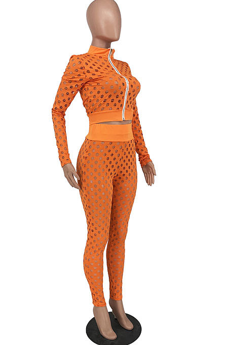 Orange Fashion Hollow Out Long Sleeve Stand Neck Zipper Top Bodycon Pants Two-Piece HY5240-2