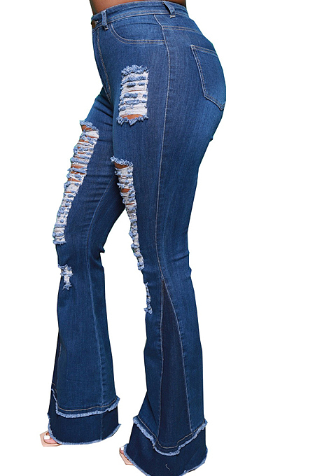 Light Blue Personality Spliced Hole Elasticty High Waist Slim Fitting Jean Flare Pants SMR2585-2