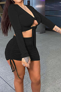Black Euramerican Women Autumn Long Sleeve Shirred Detail Tied Hip Sexy Pure Color Skirts Sets Q938-3