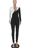 White Modest Color Matching Long Sleeve Stand Neck Zipper Bodycon Jumpsuits HY5241-3