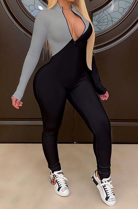 Red Modest Color Matching Long Sleeve Stand Neck Zipper Bodycon Jumpsuits HY5241-2