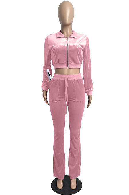 Pink Wholesale New Korea Velvet Long Sleeve Zipper Front Coat Flare Pants Casual Sets FH171-1