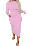 Pink Red Euramerican Women Pure Color Long Sleeve Sexy Midi Dress ANK06028-3