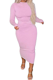 Pink Red Euramerican Women Pure Color Long Sleeve Sexy Midi Dress ANK06028-3