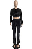 White Wholesale New Korea Velvet Long Sleeve Zipper Front Coat Flare Pants Casual Sets FH171-2