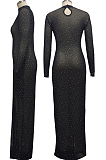 Black Sexy Mesh See-Through Long Sleeve O Neck Collcet Waist Elastic Split Long Dress SMR10482-2