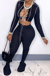 Black Women Fashion Autumn Winter Sexy Hollow Out Long Sleeve Flare Leg Pants Sext HM5497