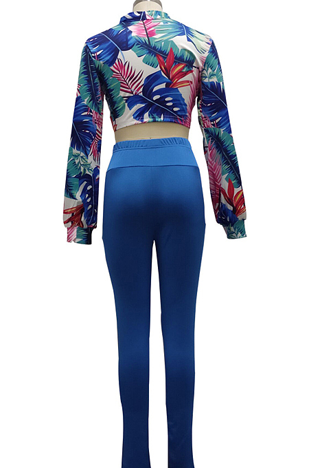 Black Wholesal New Digital Print Long Sleeve Bandage Crop Top Bodycon Pants Two-Piece SMR10283-1