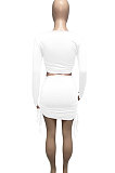 Light Green Euramerican Women Autumn Long Sleeve Shirred Detail Tied Hip Sexy Pure Color Skirts Sets Q938-4