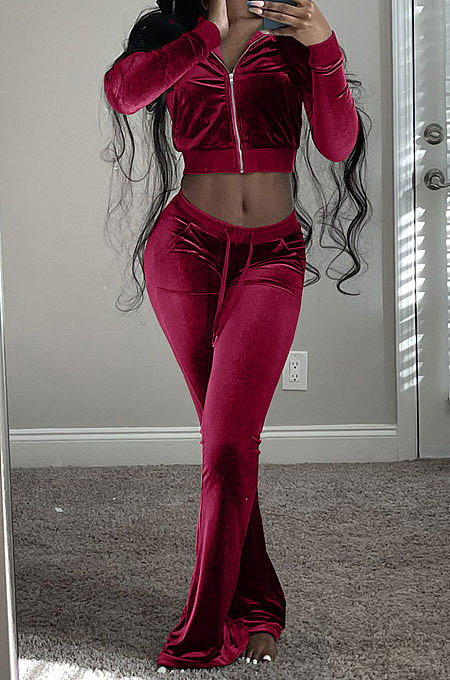 Wine Red Wholesale New Korea Velvet Long Sleeve Zipper Front Coat Flare Pants Casual Sets FH171-6