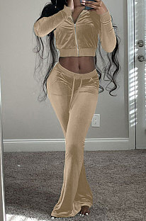 Khaki Wholesale New Korea Velvet Long Sleeve Zipper Front Coat Flare Pants Casual Sets FH171-7