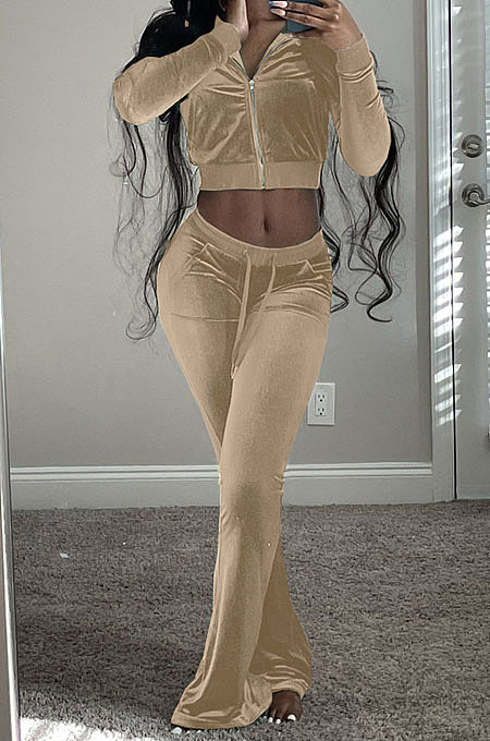 Khaki Wholesale New Korea Velvet Long Sleeve Zipper Front Coat Flare Pants Casual Sets FH171-7