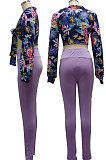 Black Wholesal New Digital Print Long Sleeve Bandage Crop Top Bodycon Pants Two-Piece SMR10283-1