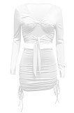 White Euramerican Women Autumn Long Sleeve Shirred Detail Tied Hip Sexy Pure Color Skirts Sets Q938-1