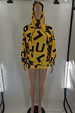 Yellow Euramerican Fashion Autumn Winter Women Fleece Cloth Letters Printing Pocket Hoodie Tops BLE2519