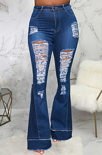 Drak Blue Personality Spliced Hole Elasticty High Waist Slim Fitting Jean Flare Pants SMR2585-3